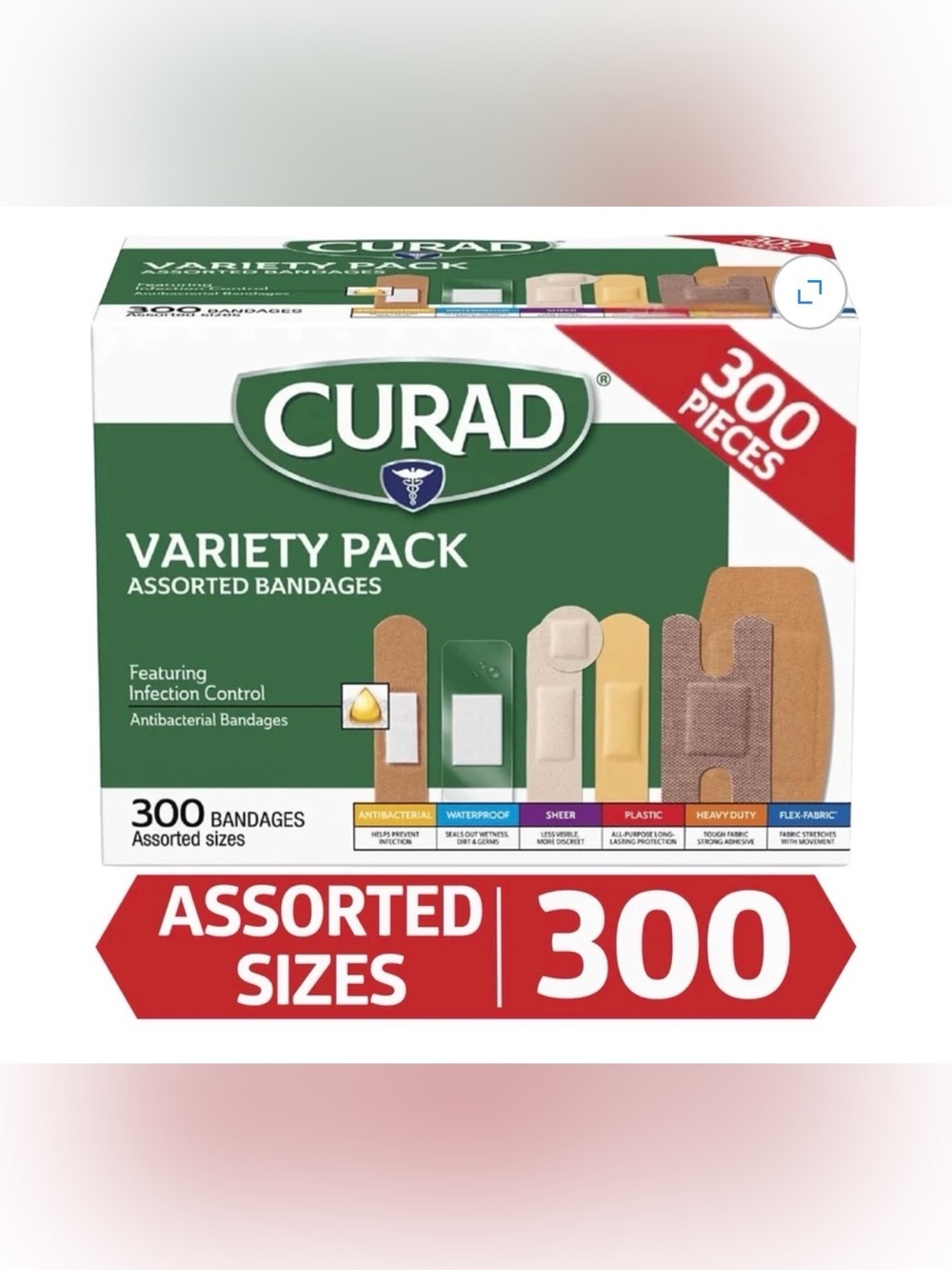 Nwt- Curad - Assorted Bandages Variety Pack - 300 Pieces, Beige/White/Green